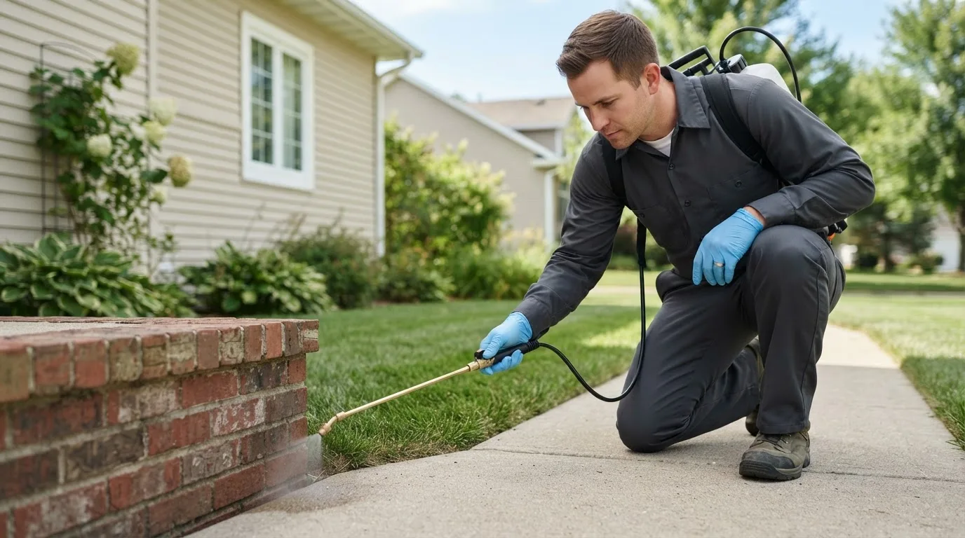 Pest control technician treating a home near Westminster, MA